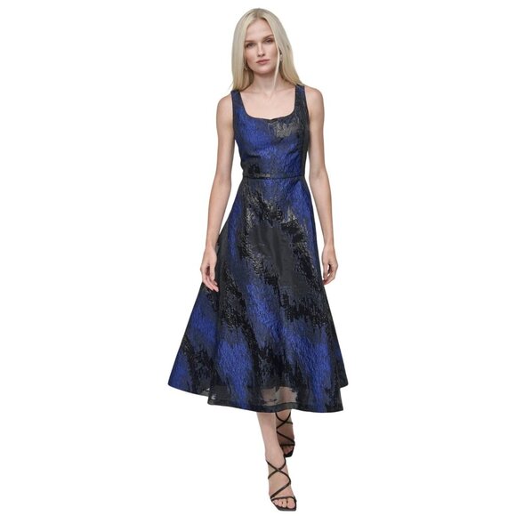 Dkny Dresses & Skirts - NWT DKNY Womens Metallic Jacquard Scoop-Neck Midi Dress Navy Blue 8